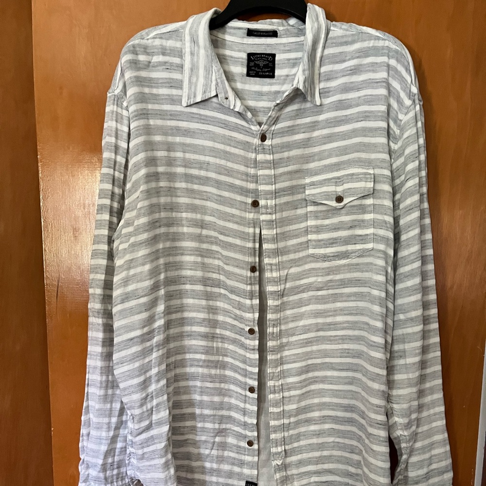 Lucky Brand mens cotton long sleeve shirt. Light blue strips